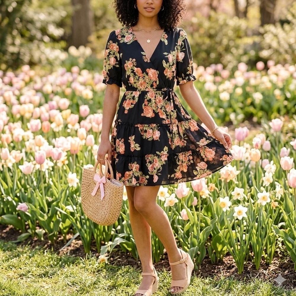 Hint of Blush Floral Wrap Tiered Mini Dress Black Orange Med Garden Party Boho